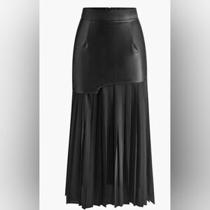 Commense Asymmetric Patchwork Faux Leather Chiffon Pleated Maxi Skirt
